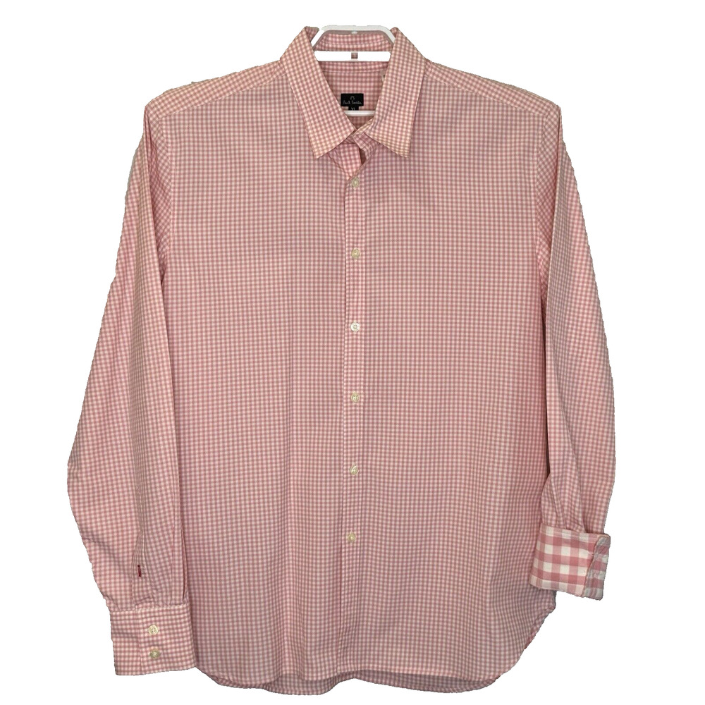 Paul Smith Mens Shirt Size XL Pink Check Long Sleeve Button Front 100% Cotton